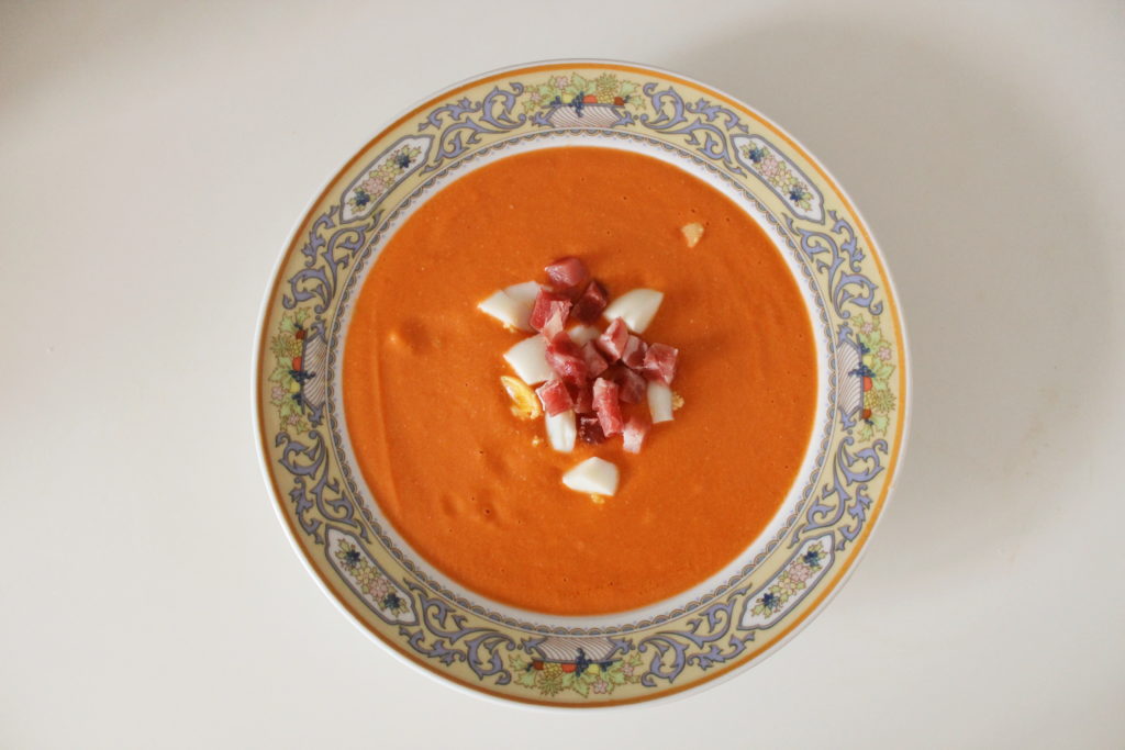 Bowl of homemade Salmorejo tomato soup.