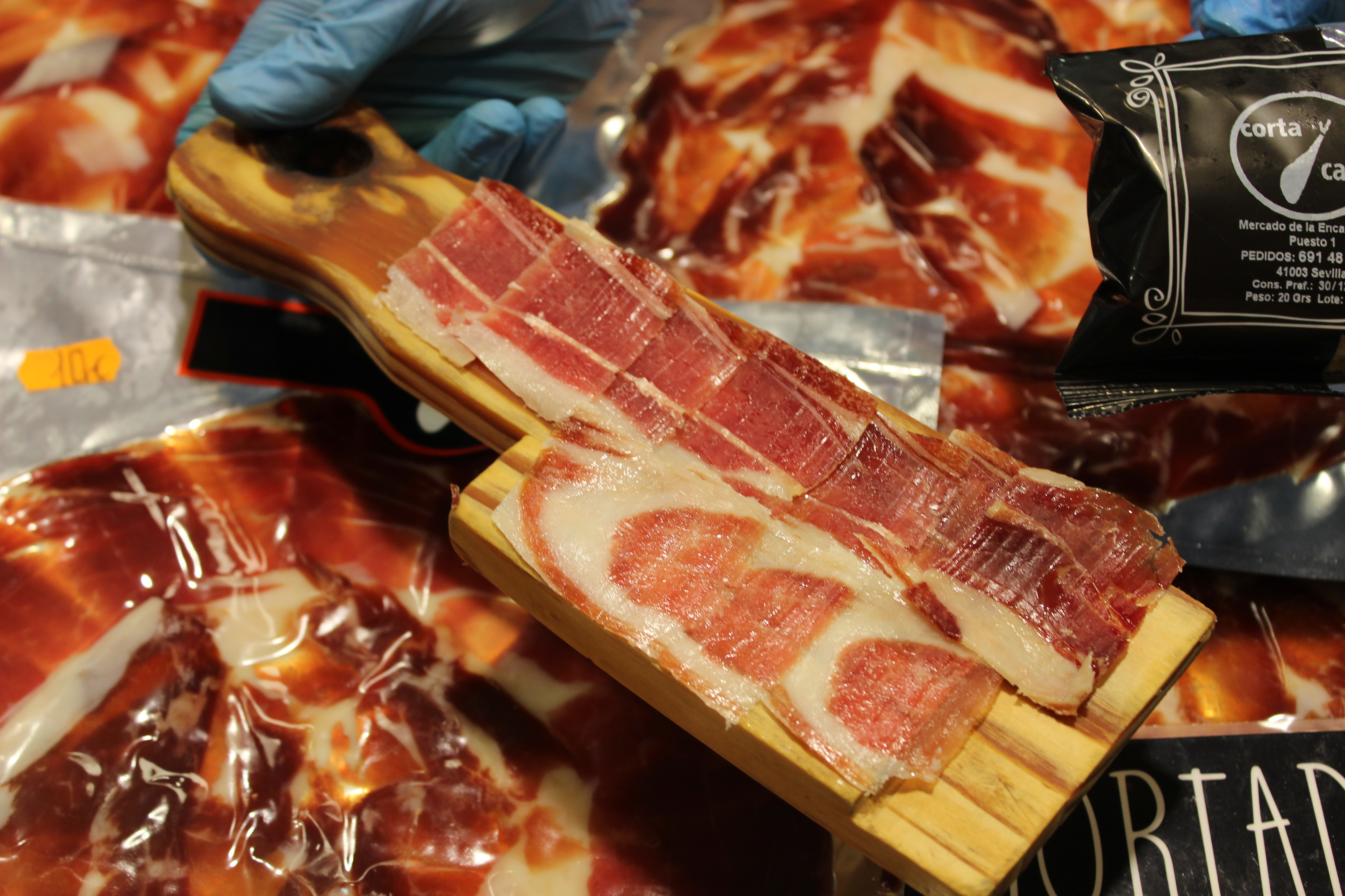 Sliced Spanish ham on a tray in Seville.
