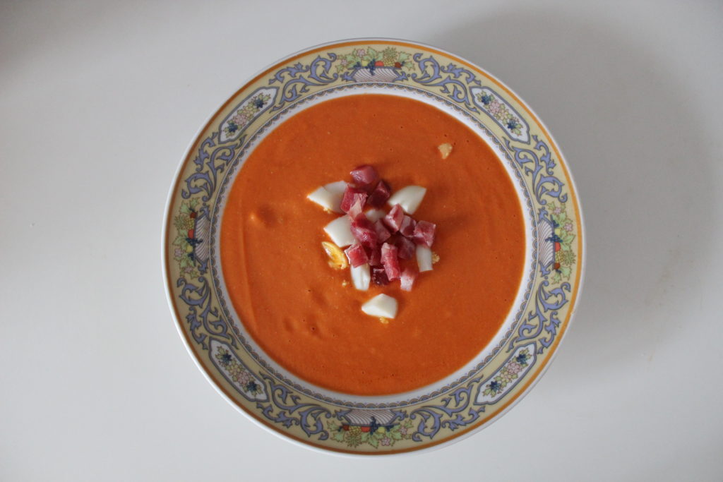 A bowl of salmorejo, Spanish cold tomato soup.
