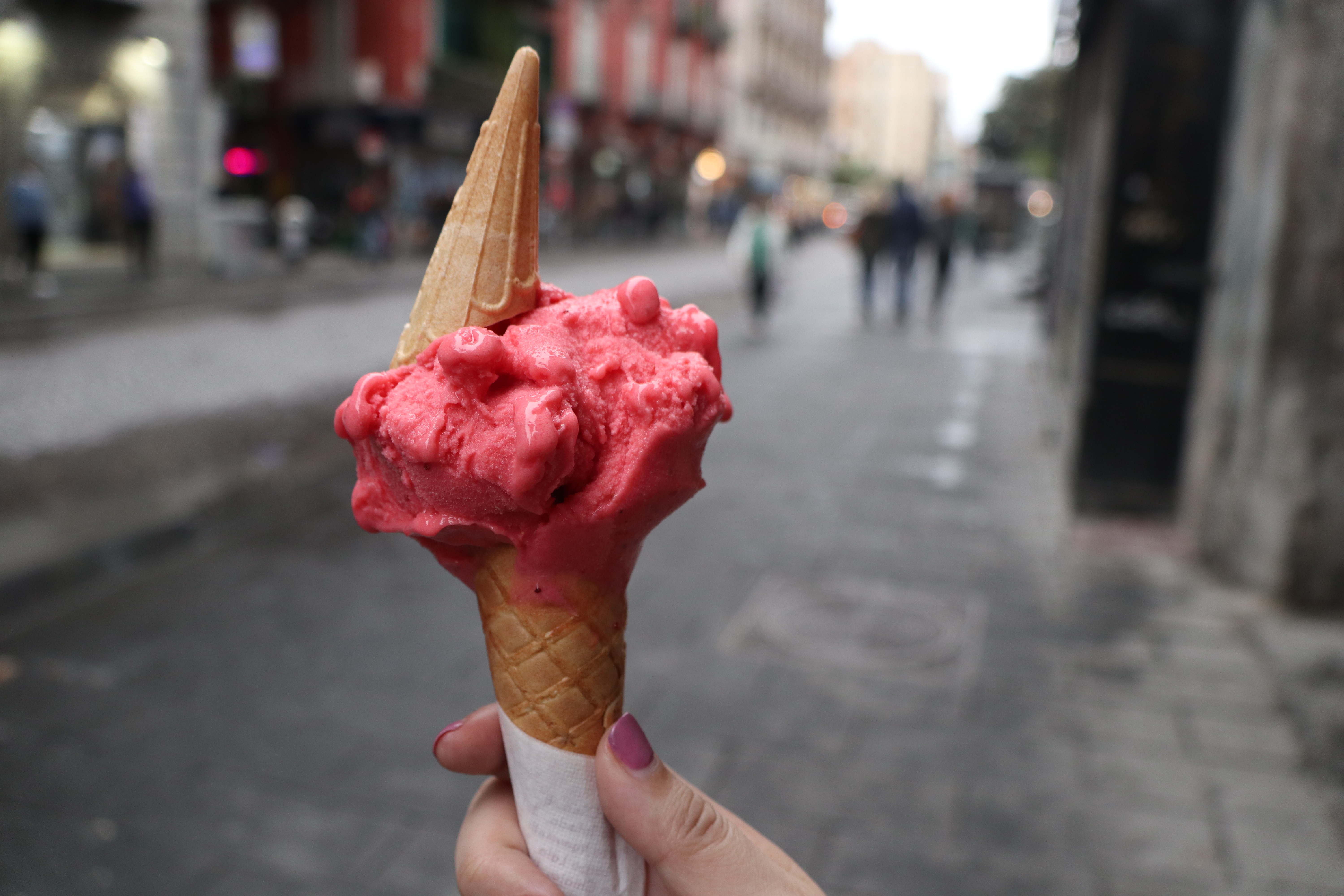 Strawberry flavoured gelato in Naples, Italy.