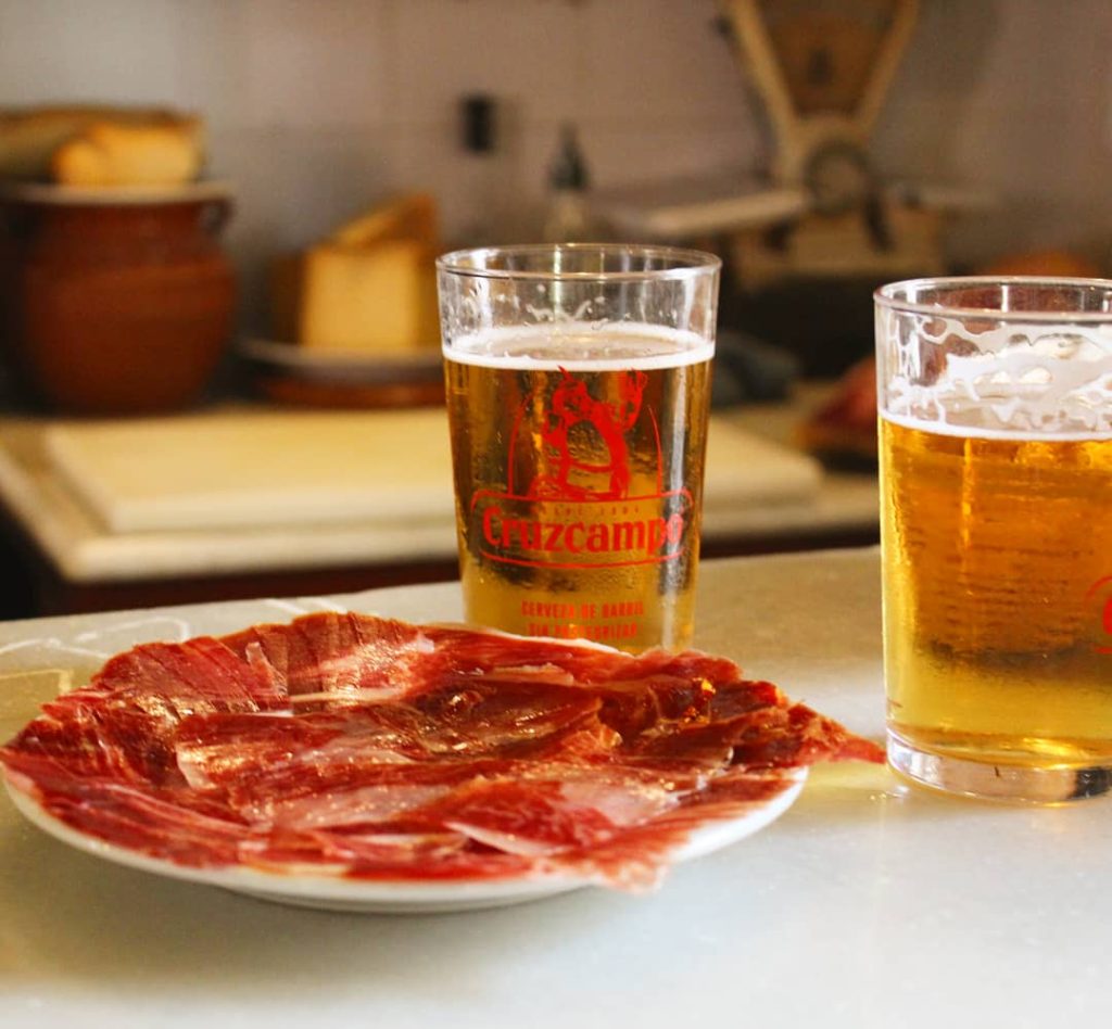 Iberian ham on a plate in Seville.