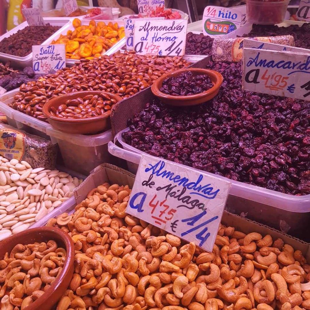 A nuts stall at the Malaga food market.